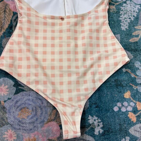 For Love And Lemons Bonnie One Piece Swimsuit Zip Up Small Pink Gingham Halter S - Picture 13 of 16